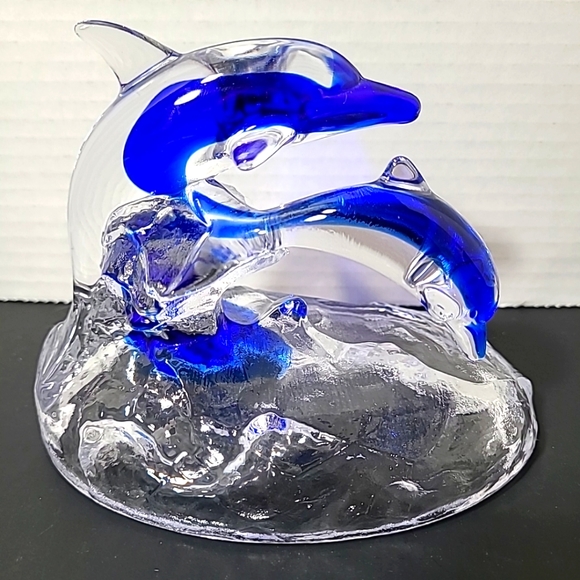 France Crystal D'Arques Dolphin Art GlassClear &Cobalt Blue